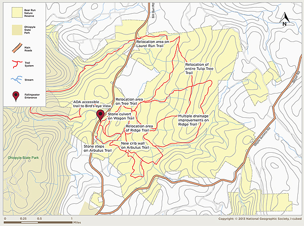 This map illustrates the 20-mile trail system at Bear Run Nature Reserve, including a selection of trail improvements.